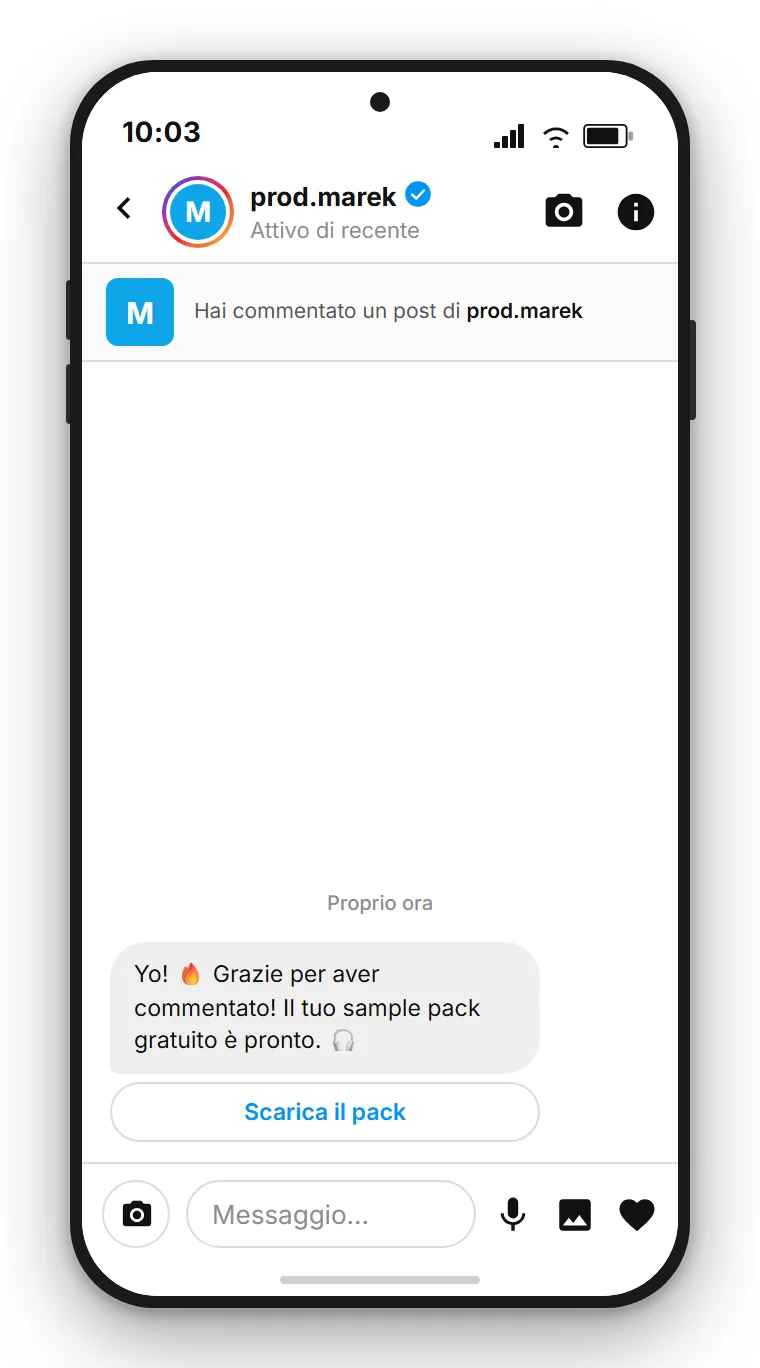 SendSeven Comment-to-DM: messaggio diretto Instagram automatico con pulsante verso il sample pack gratuito nel primo messaggio