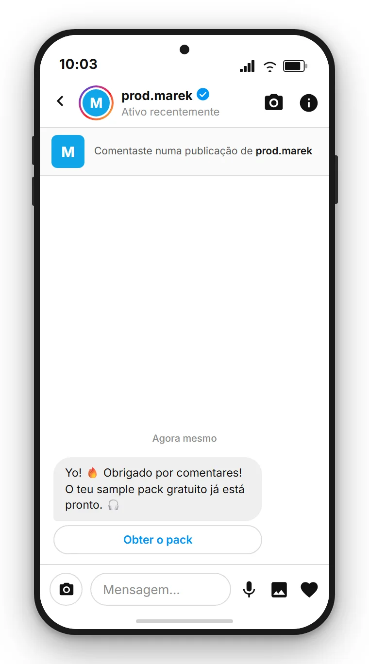 SendSeven Comment-to-DM: mensagem direta automática do Instagram com botão para o sample pack gratuito na primeira mensagem