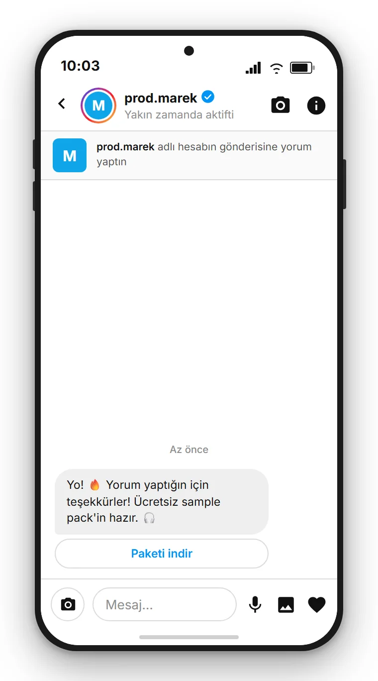 SendSeven Comment-to-DM: ilk mesajda ücretsiz sample pack'e giden düğme içeren otomatik Instagram direkt mesajı