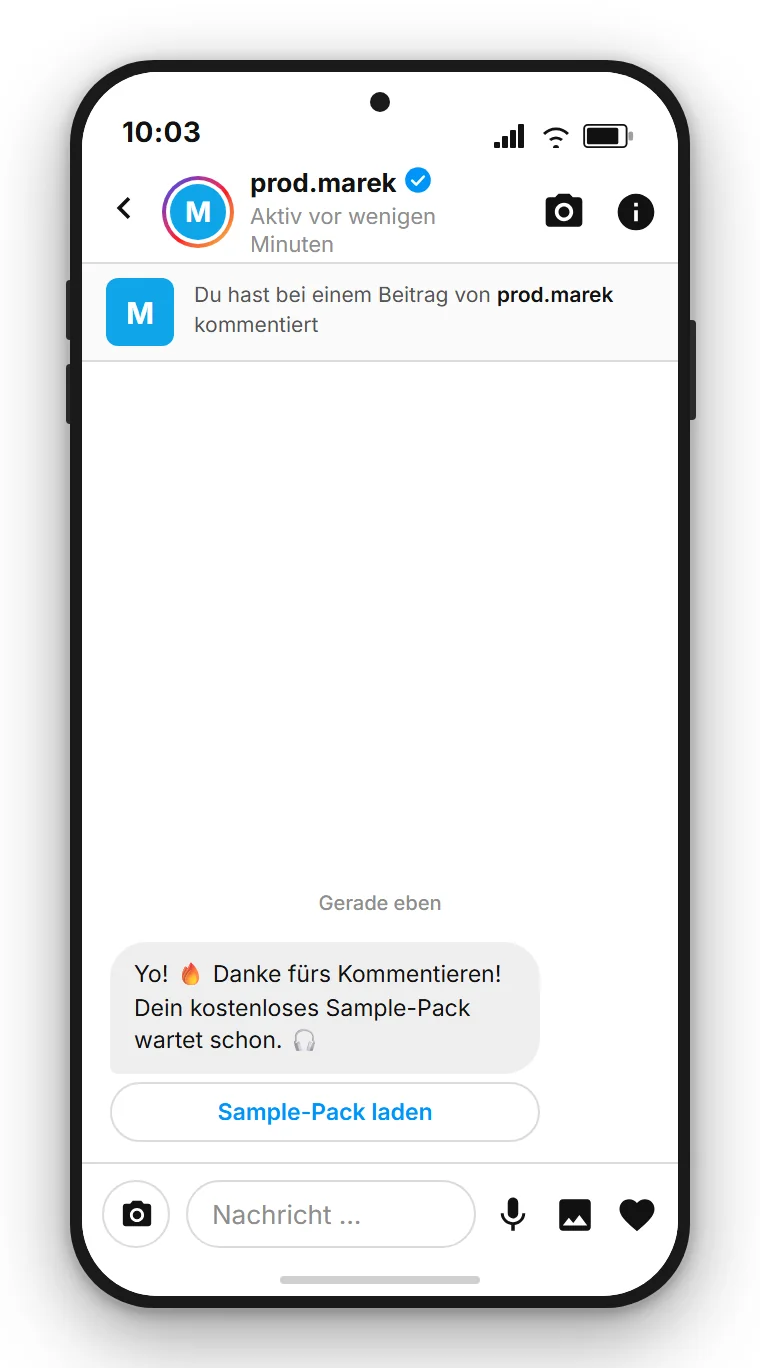 SendSeven Comment-to-DM: automatische Instagram-Direktnachricht mit Schaltfläche zum kostenlosen Sample-Pack in der ersten Nachricht