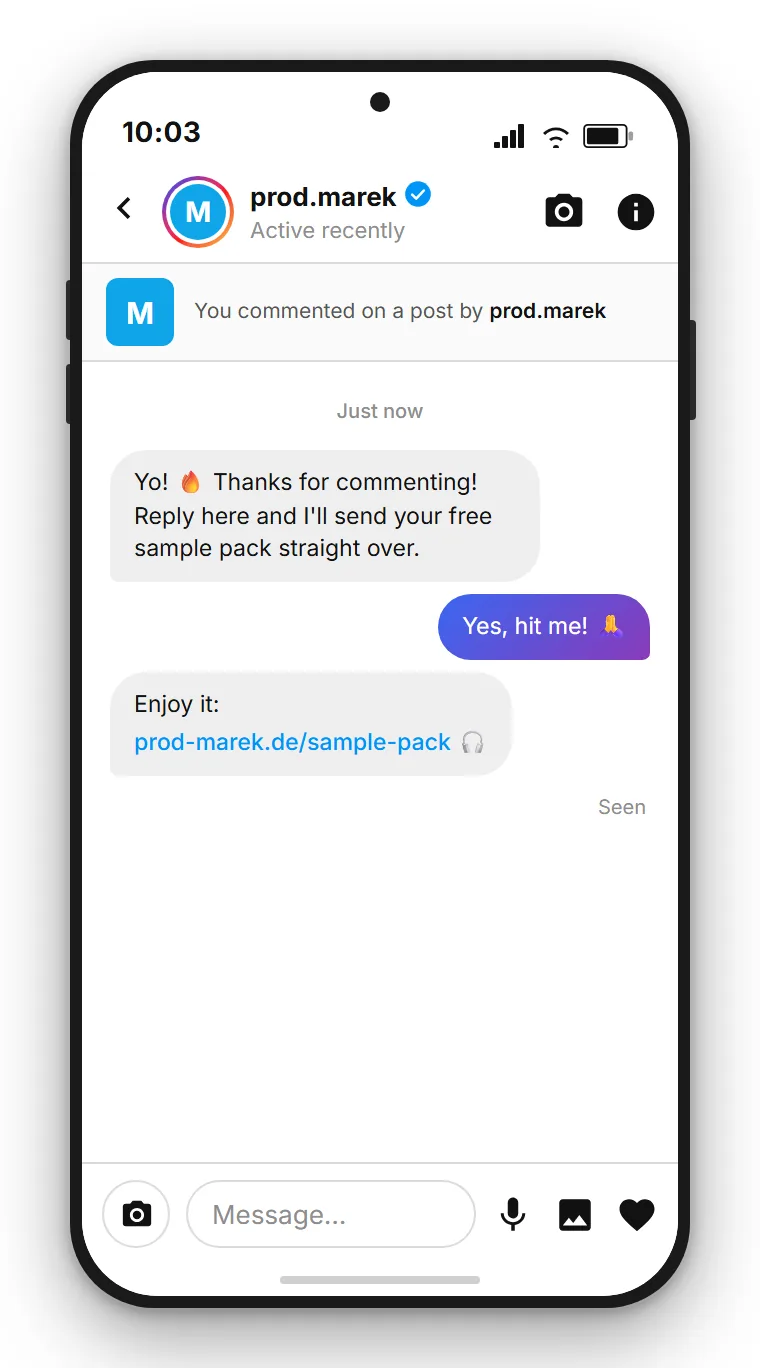 SendSeven example: Instagram direct message with a sample pack download link, automatically triggered by a PACK comment under a producer's post