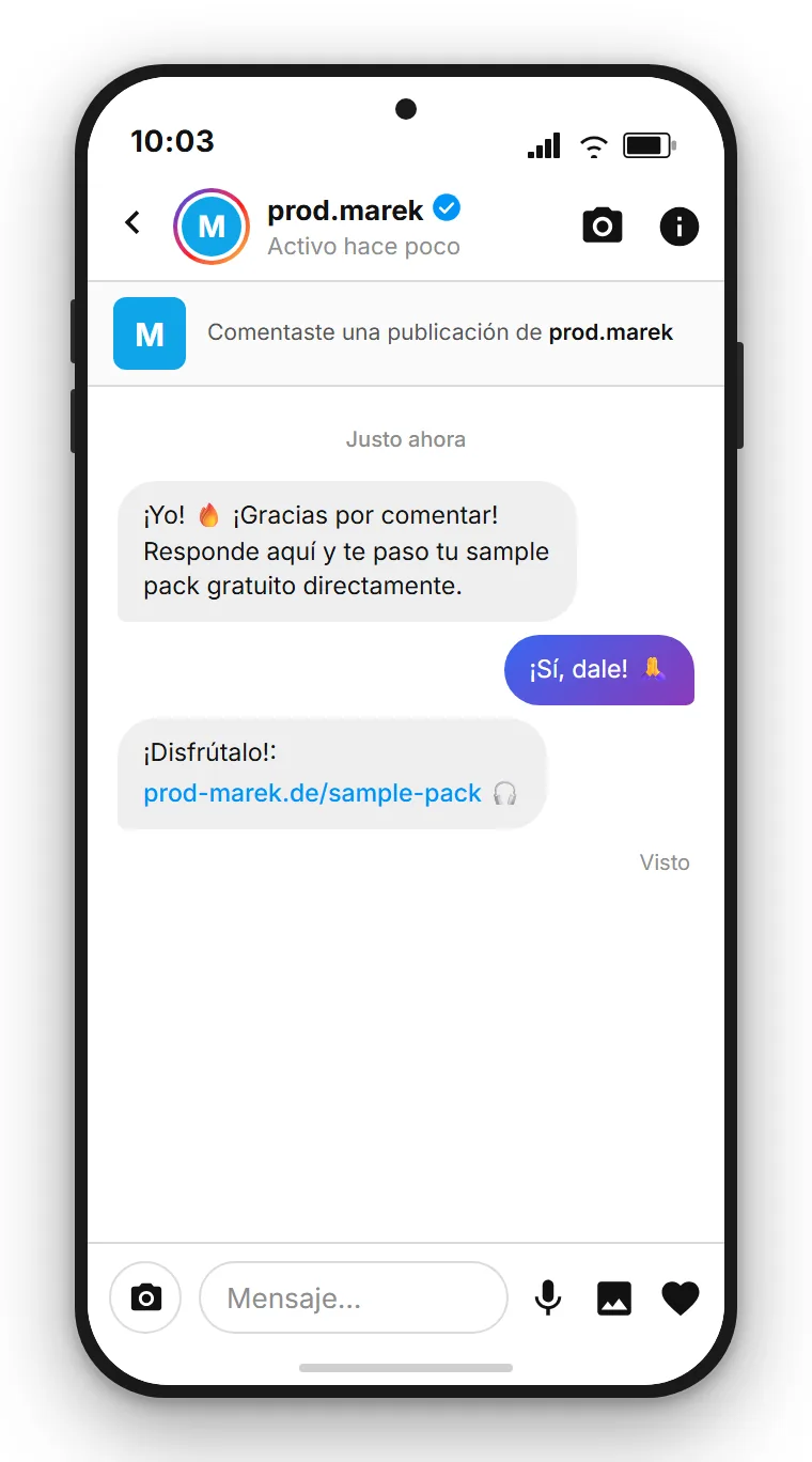 SendSeven ejemplo: mensaje directo de Instagram con enlace de descarga de sample pack, activado automáticamente por un comentario PACK bajo la publicación de un productor