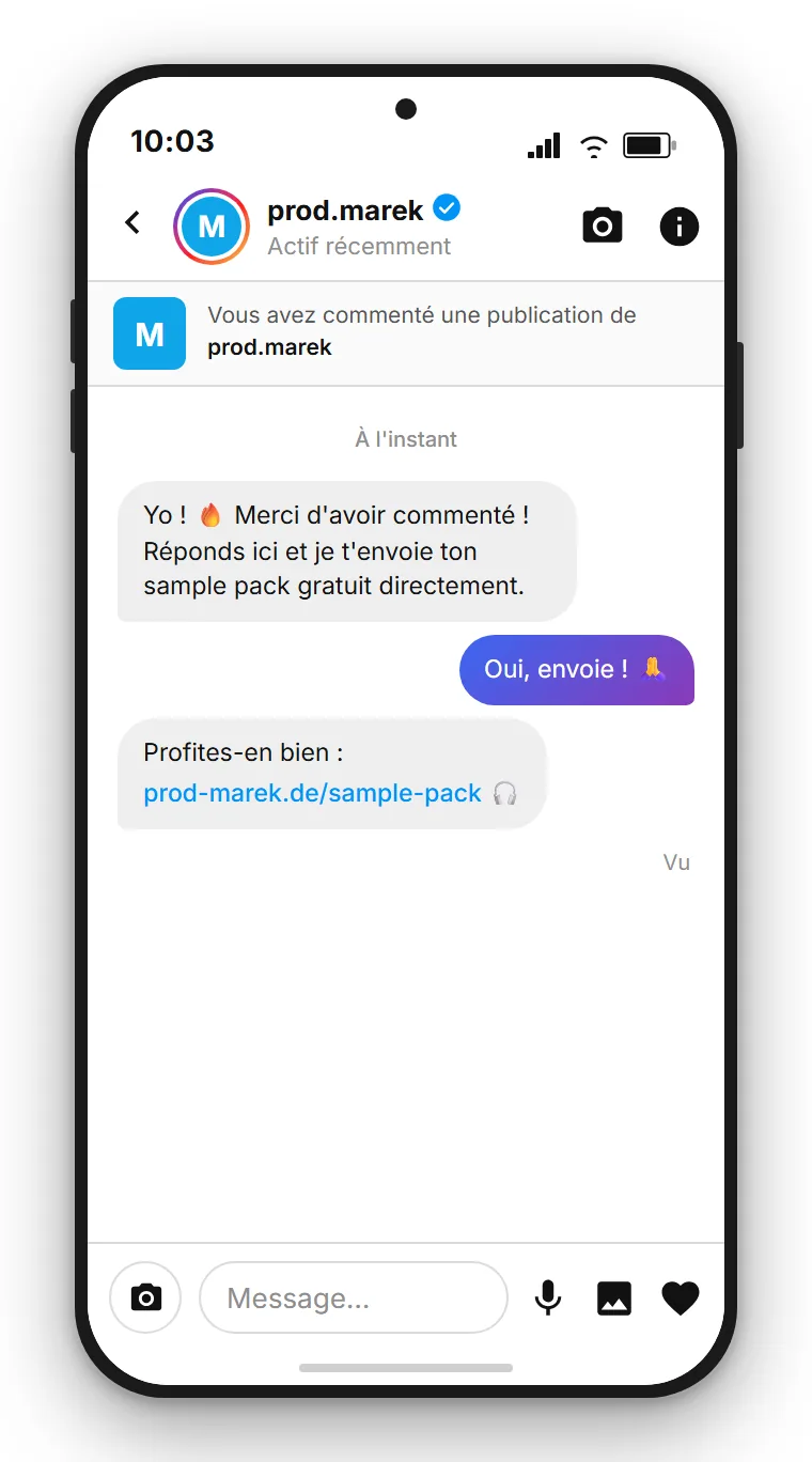 SendSeven exemple : message direct Instagram avec lien de téléchargement de pack de samples, déclenché automatiquement par un commentaire PACK sous la publication d'un producteur