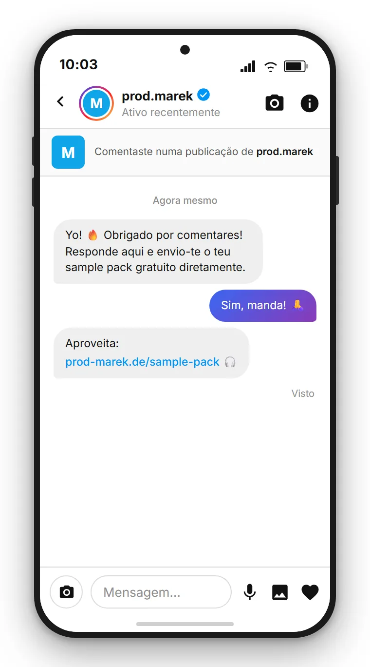 SendSeven exemplo: DM automática do Instagram com o link de pré-save de um single, enviada automaticamente após o comentário com a palavra-chave PRESAVE