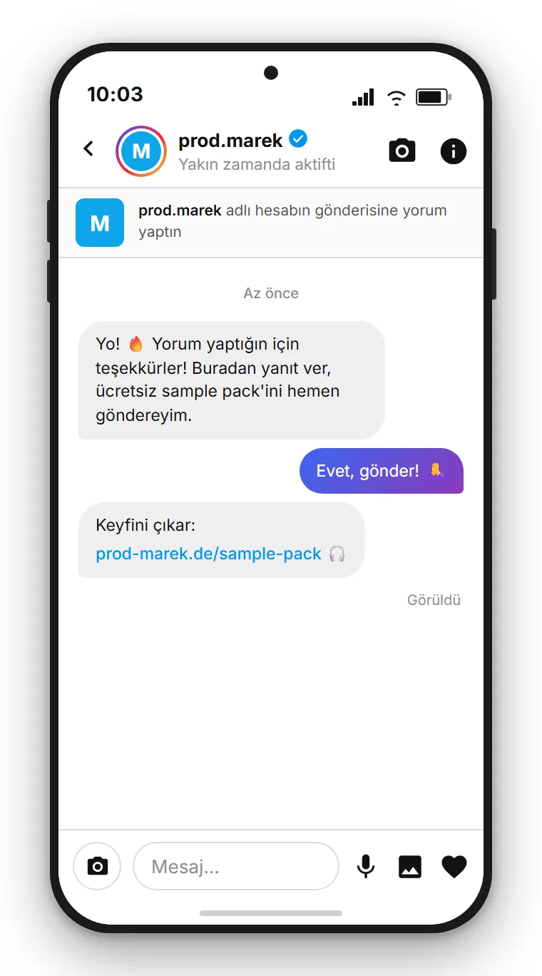 SendSeven örneği: bir prodüktörün PACK yorumunun altında tetiklenen, sample pack indirme bağlantısını içeren Instagram doğrudan mesajı