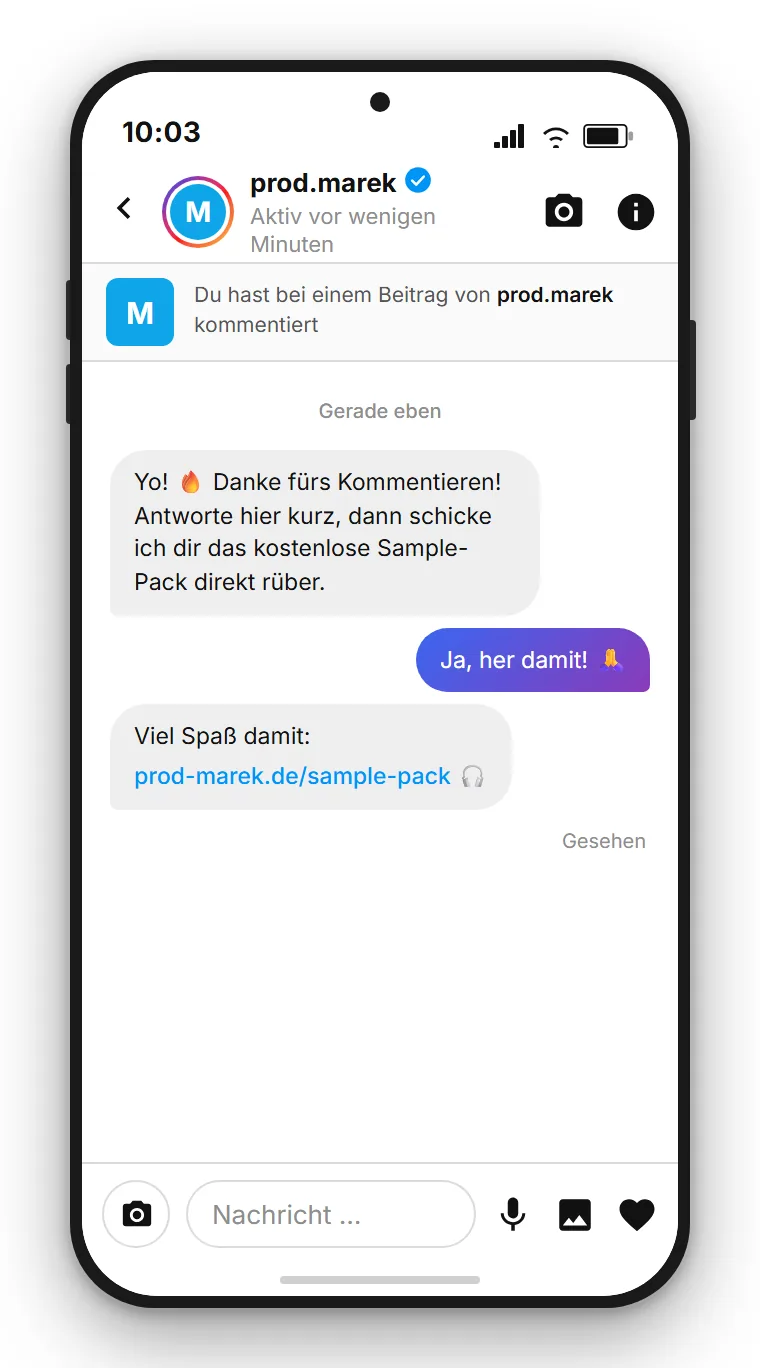 SendSeven Beispiel: Instagram-Direktnachricht mit Sample-Pack-Download-Link, automatisch ausgelöst durch einen PACK-Kommentar unter einem Beitrag eines Producers