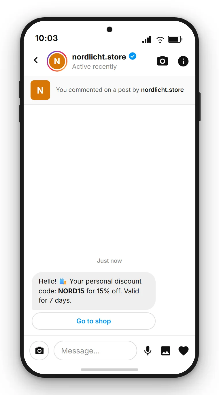SendSeven Comment-to-DM: automated Instagram direct message with a discount code and a shop button in the first message