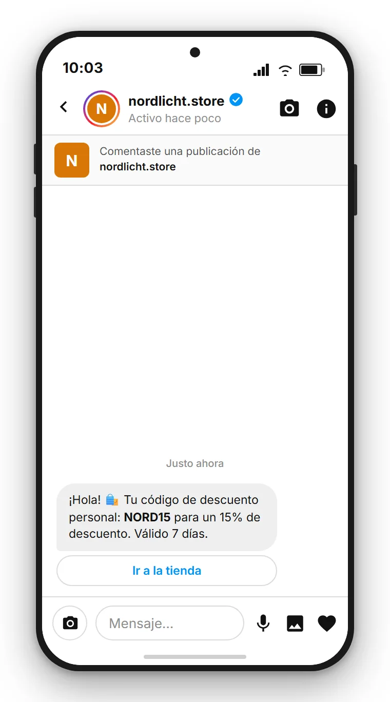 SendSeven Comment-to-DM: mensaje directo automático de Instagram con código de descuento y botón a la tienda en el primer mensaje