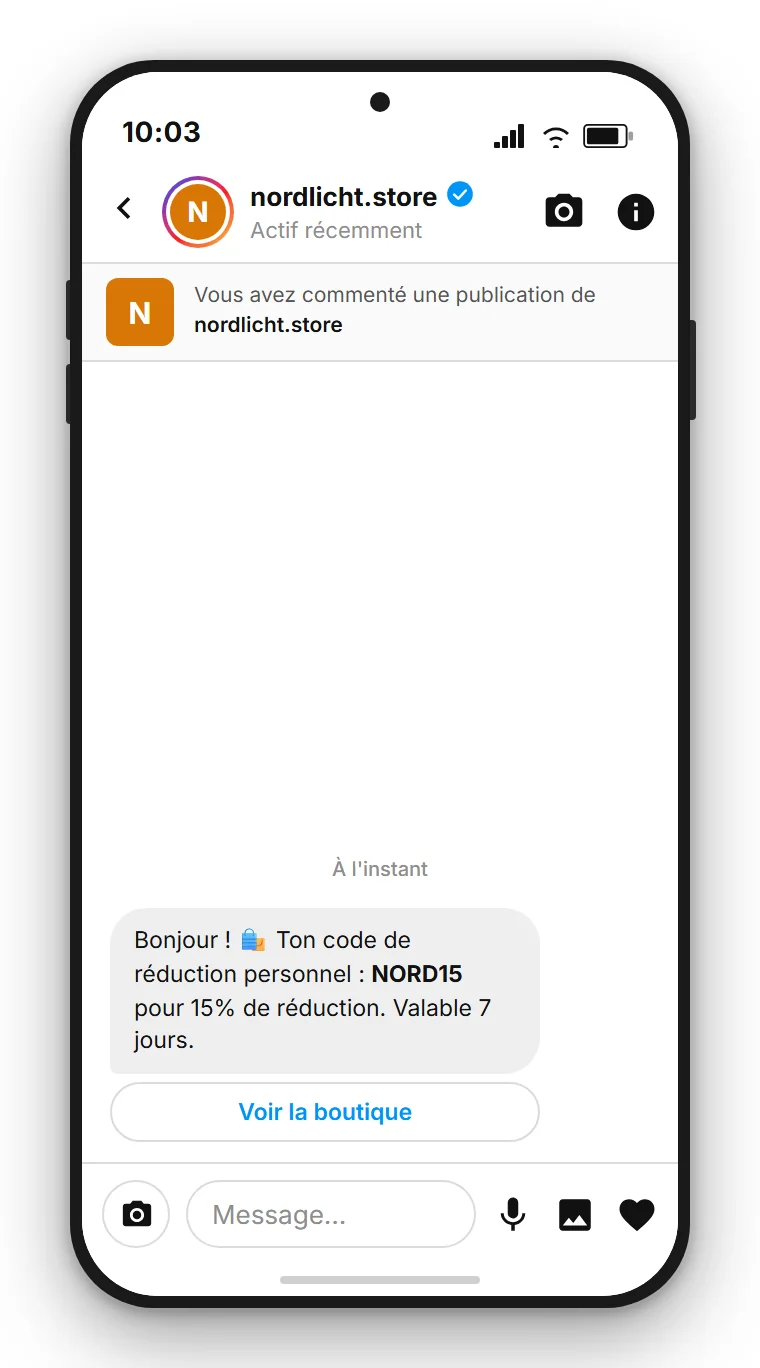 SendSeven Comment-to-DM : message direct Instagram automatique avec code de réduction et bouton vers la boutique dès le premier message