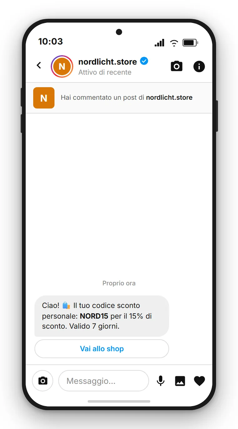 SendSeven Comment-to-DM: messaggio diretto Instagram automatico con codice sconto e pulsante verso lo shop nel primo messaggio