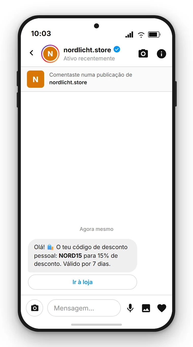 SendSeven Comment-to-DM: mensagem direta automática do Instagram com código de desconto e botão para a loja na primeira mensagem