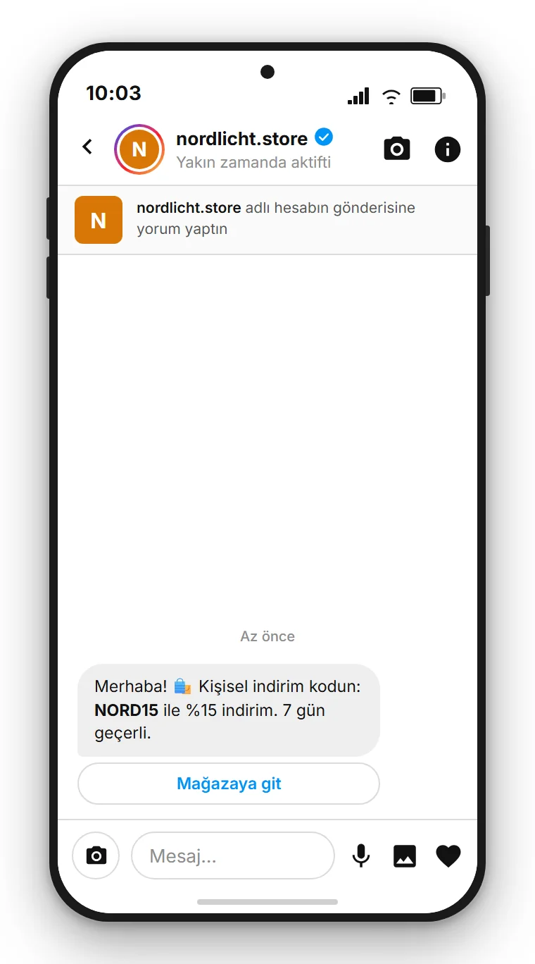 SendSeven Comment-to-DM: ilk mesajda indirim kodu ve mağaza düğmesi bulunan otomatik Instagram direkt mesajı