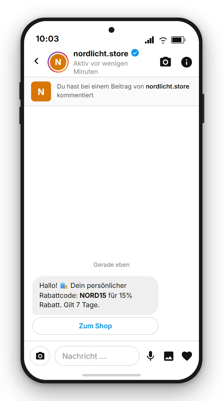 SendSeven Comment-to-DM: automatische Instagram-Direktnachricht mit Rabattcode und Shop-Schaltfläche in der ersten Nachricht