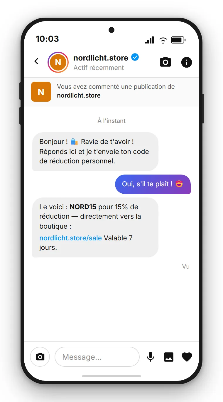 SendSeven DM Instagram depuis la perspective d'une boutique : message direct automatique livrant un code promo personnel et un lien produit direct, après que la personne a commenté PROMO