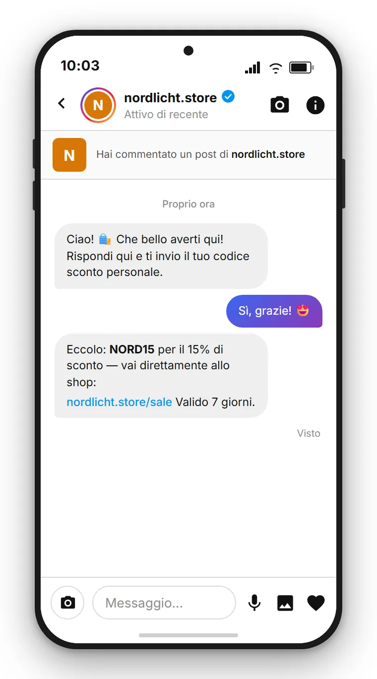 SendSeven esempio: DM automatico con codice sconto per un negozio online dopo un commento Instagram alla parola chiave SALE