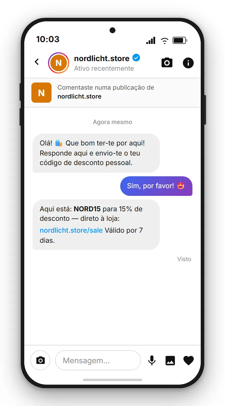 SendSeven exemplo: DM automática do Instagram para uma loja de moda, com o código de desconto pessoal e o link direto para o produto, após o comentário PROMO