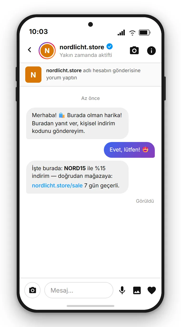 SendSeven Instagram mağaza DM'i: SALE yorumundan sonra kişisel indirim kodu ve doğrudan ürün bağlantısını otomatik olarak ileten bir online mağazanın doğrudan mesajı