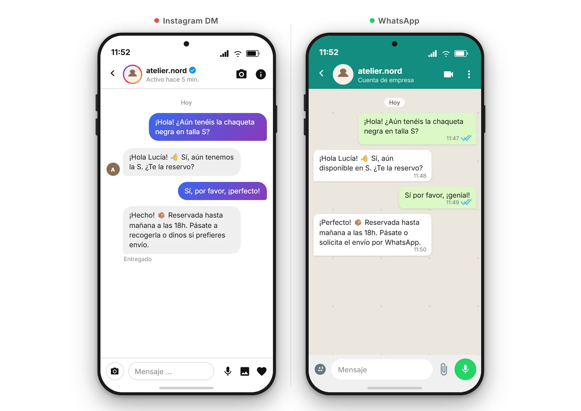 Lado a lado en la bandeja de SendSeven: a la izquierda un DM de Instagram, a la derecha una conversación de WhatsApp con el mismo cliente en español