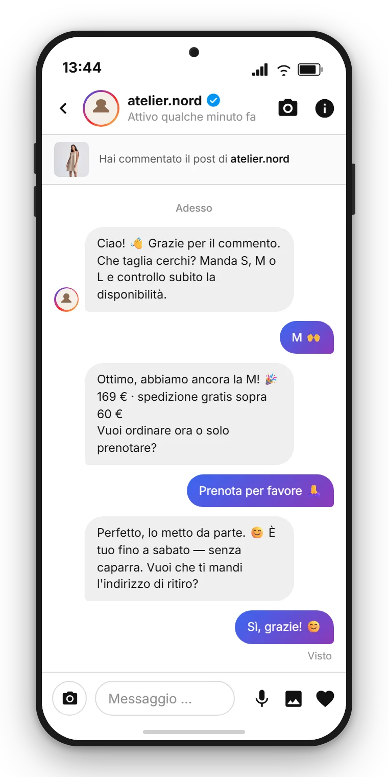 Esempio SendSeven: il messaggio diretto Instagram attivato in automatico dal lato cliente, in cui il brand risponde al commento
