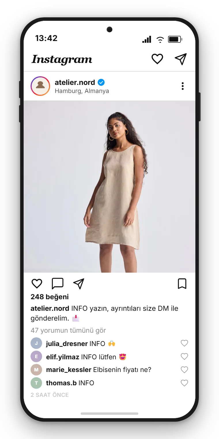 SendSeven örneği: atelier.nord'un INFO yorumu yapılmasını isteyen Instagram gönderisi ve tek bir genel INFO yorumu