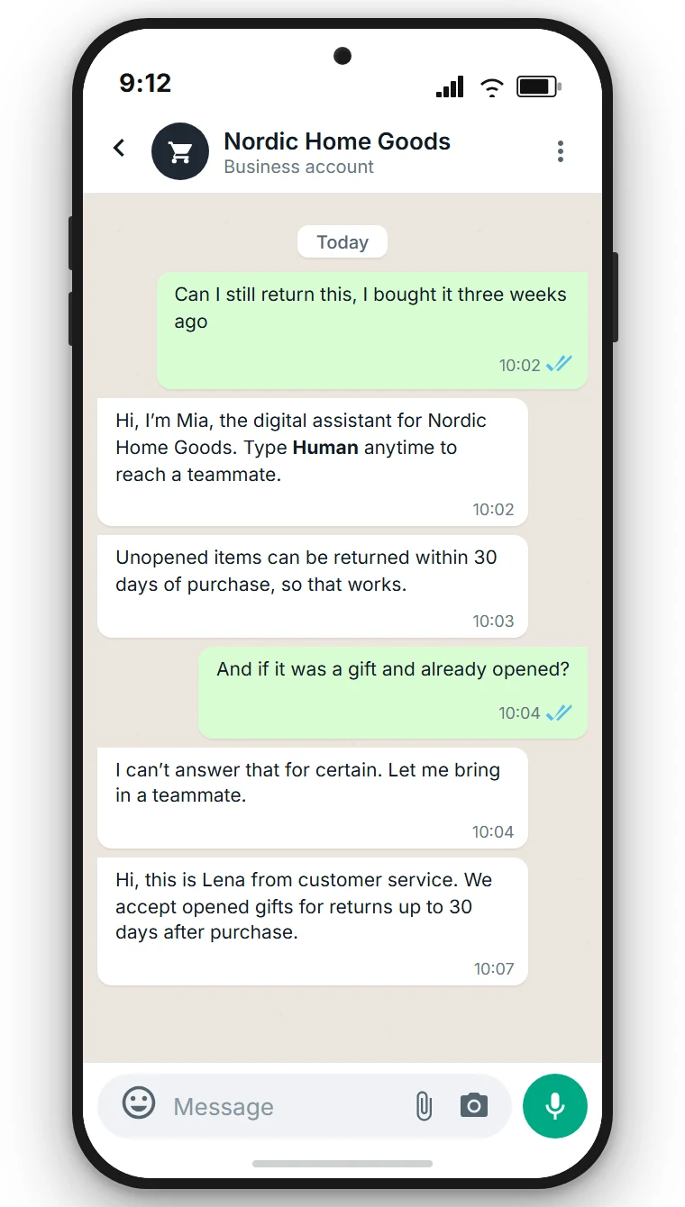WhatsApp chat for a fictional online store: the AI assistant answers a question about the return deadline, then hands the conversation to a teammate. Illustrative example, created with SendSeven