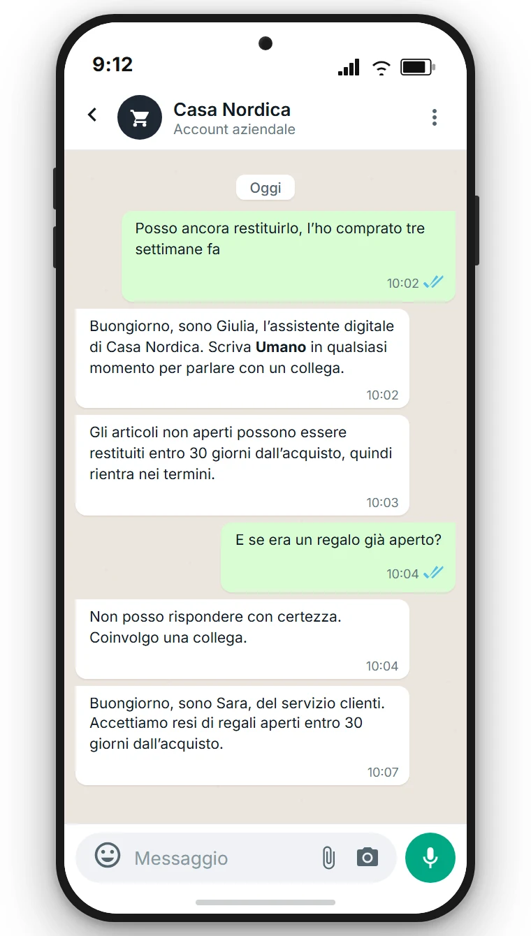 Chat WhatsApp di un negozio online immaginario: l'assistente IA risponde a una domanda sul termine di reso e poi passa la conversazione a una collega. Rappresentazione esemplificativa, creata con SendSeven