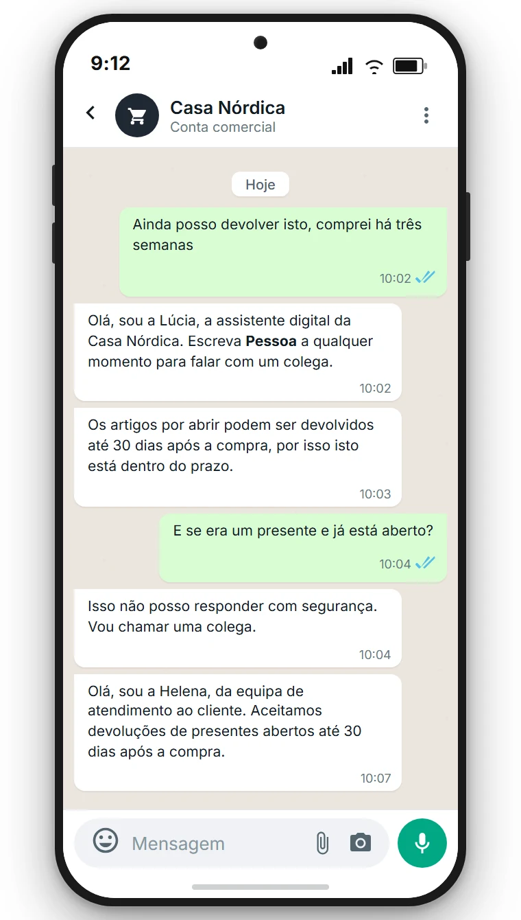 Chat de WhatsApp de uma loja online fictícia: o assistente de IA responde a uma pergunta sobre o prazo de devolução e depois transfere a conversa para uma colega. Representação exemplificativa, criada com a SendSeven