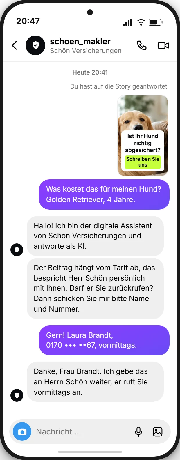 Instagram-Direktnachricht an ein Maklerbüro nach einer Story zur Tierversicherung: Der KI-Assistent stellt sich als KI vor, nennt keinen Preis und fragt nach Name und Rückrufnummer für Herrn Schön