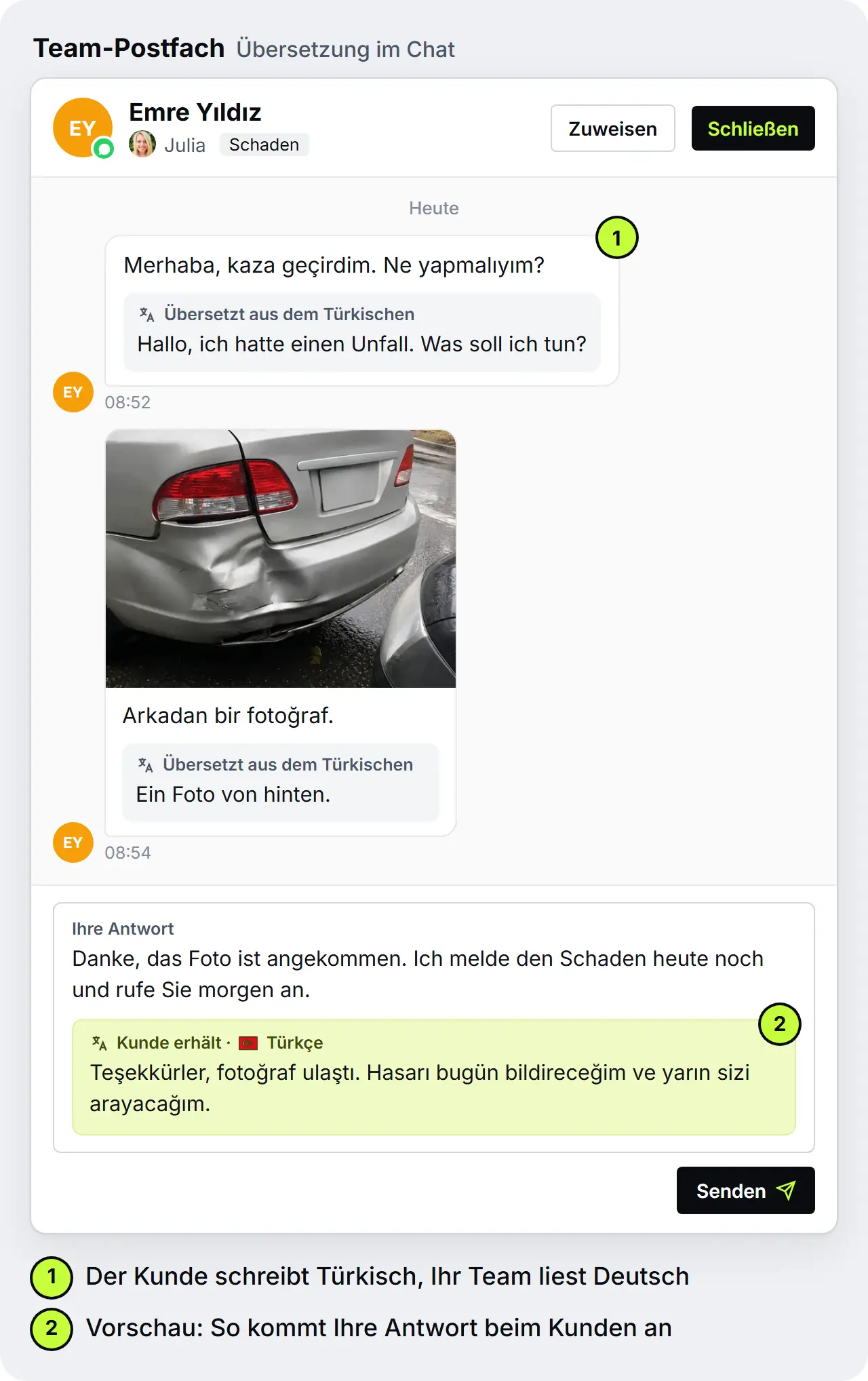 Chat im Team-Postfach: Chat im Team-Postfach: Unter einer Kundennachricht auf Türkisch steht die deutsche Übersetzung, die Antwort des Maklerbüros auf Deutsch geht übersetzt auf Türkisch an den Kunden
