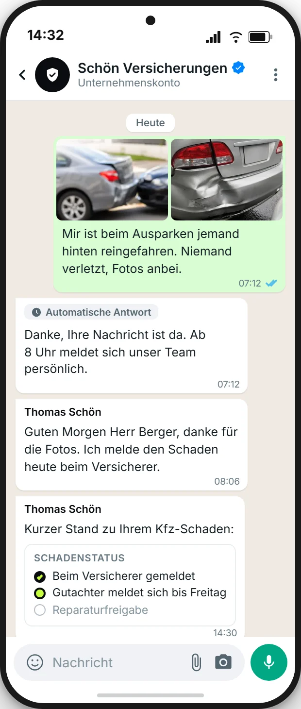 Schadenmeldung per WhatsApp an ein Maklerbüro: Kunde meldet einen Parkschaden mit Fotos, automatische Eingangsbestätigung vor Büroöffnung, Antwort des Maklers und Statuskarte zum Kfz-Schaden