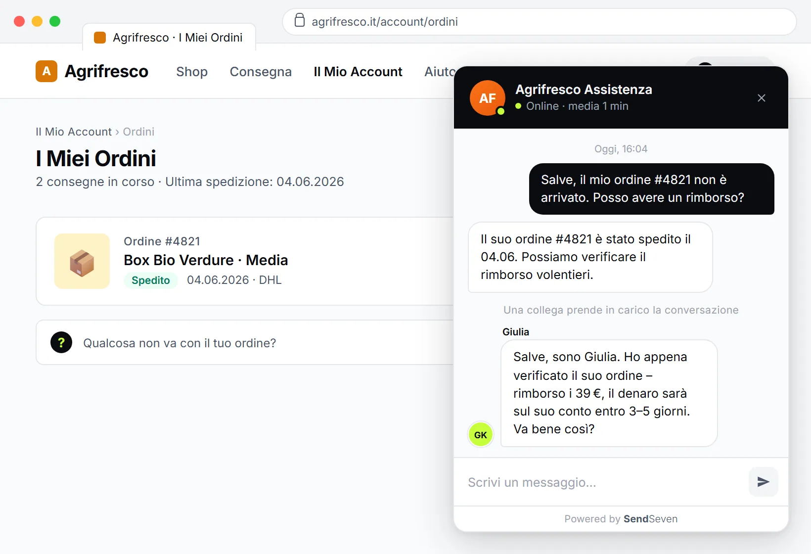 Widget Live Chat di SendSeven su un sito: il visitatore fa una domanda, l'assistente IA risponde dalla knowledge base, poi avviene il passaggio a un operatore