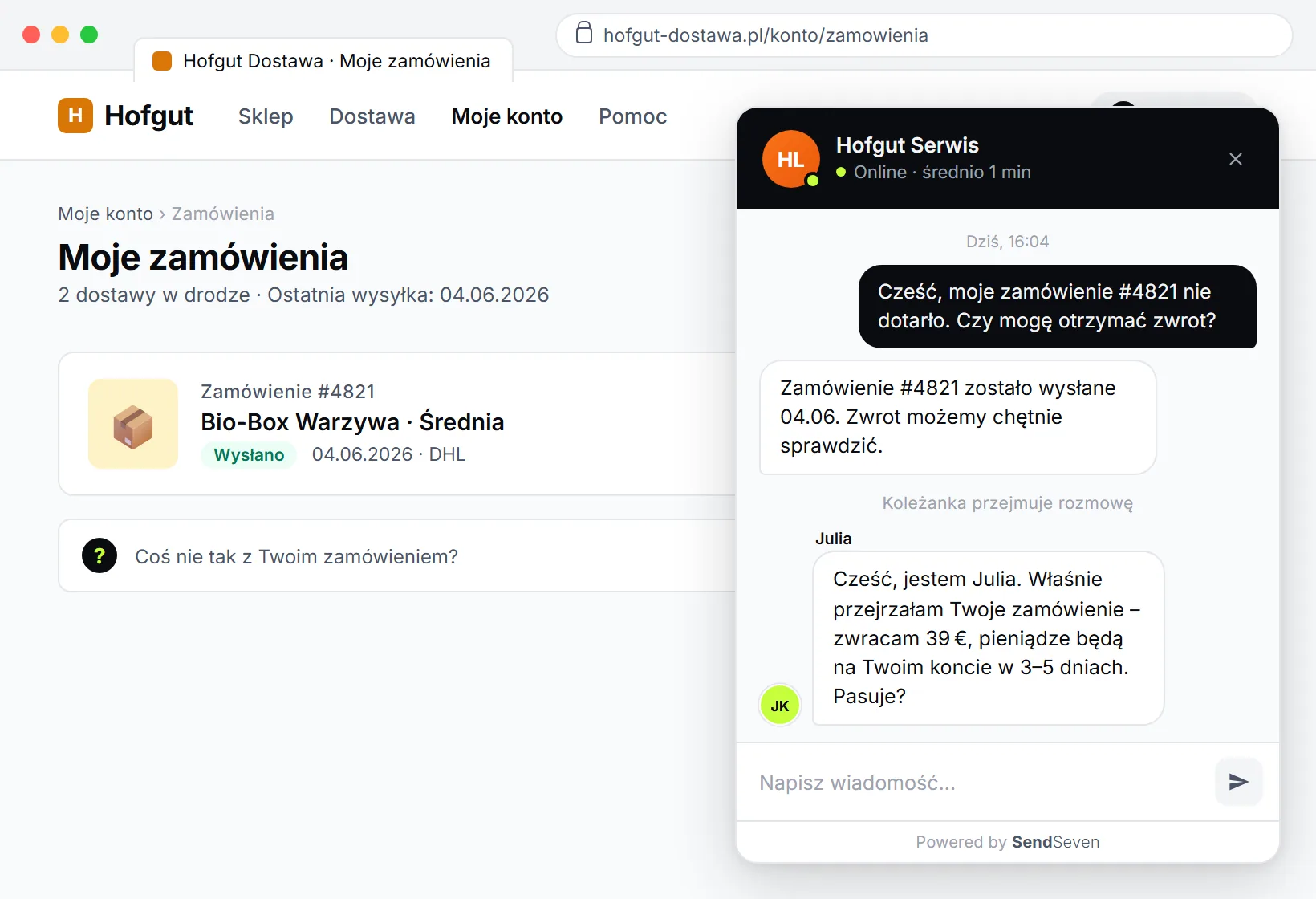 Widget live chat SendSeven na stronie: odwiedzający zadaje pytanie, asystent AI odpowiada z bazy wiedzy, nastepnie nastepuje przekazanie do pracownika