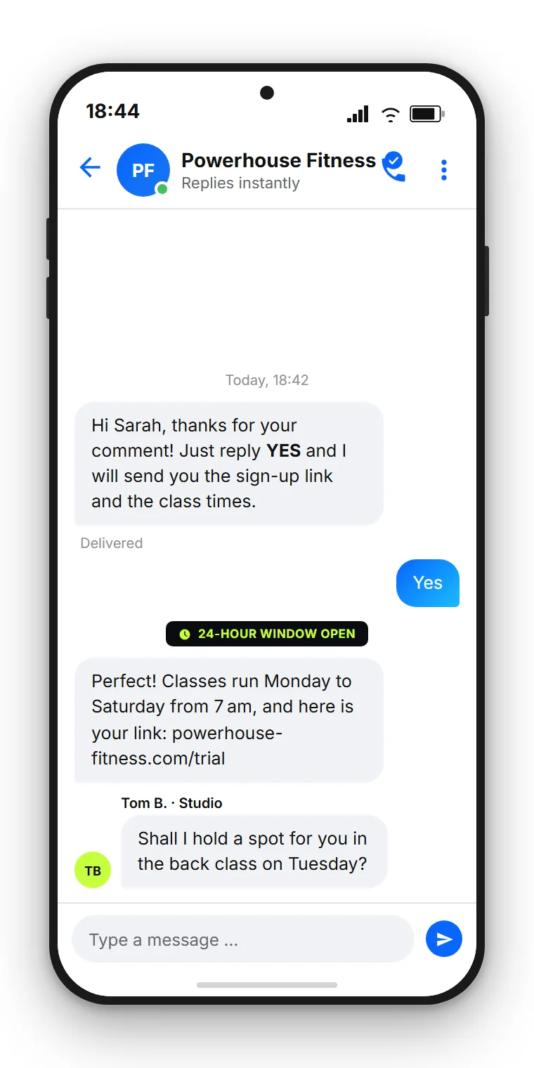 SendSeven example: automated Facebook message asking for a short reply, followed by the link and the handover to a team member