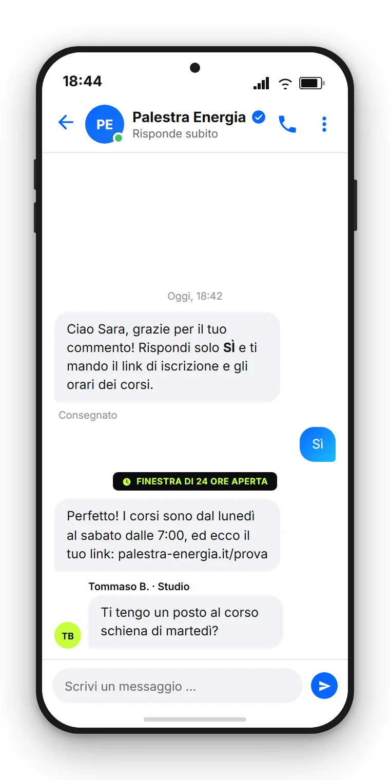 Esempio SendSeven: il messaggio automatico di Facebook chiede una risposta breve e poi arrivano il link e il passaggio a una persona del team