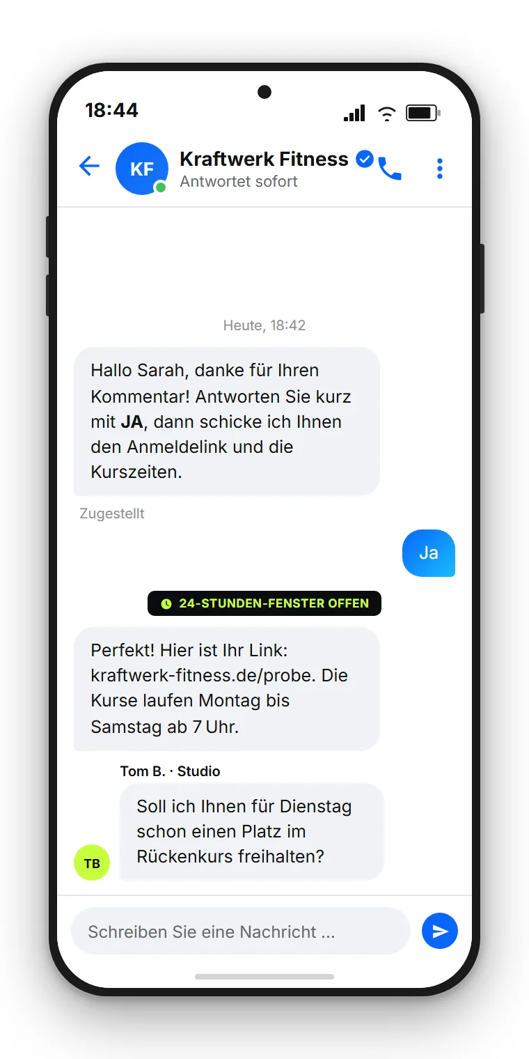 SendSeven Beispiel: automatische Facebook-Nachricht bittet um eine kurze Antwort, danach folgen der Link und die Übernahme durch einen Mitarbeiter