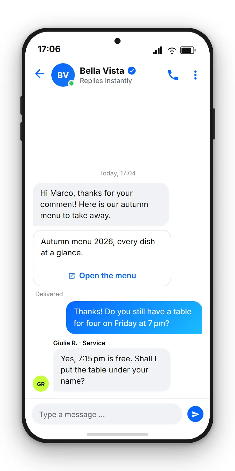 SendSeven example: automated Messenger direct message with a button to the PDF menu, followed by the guest's question and the reply from the shared inbox