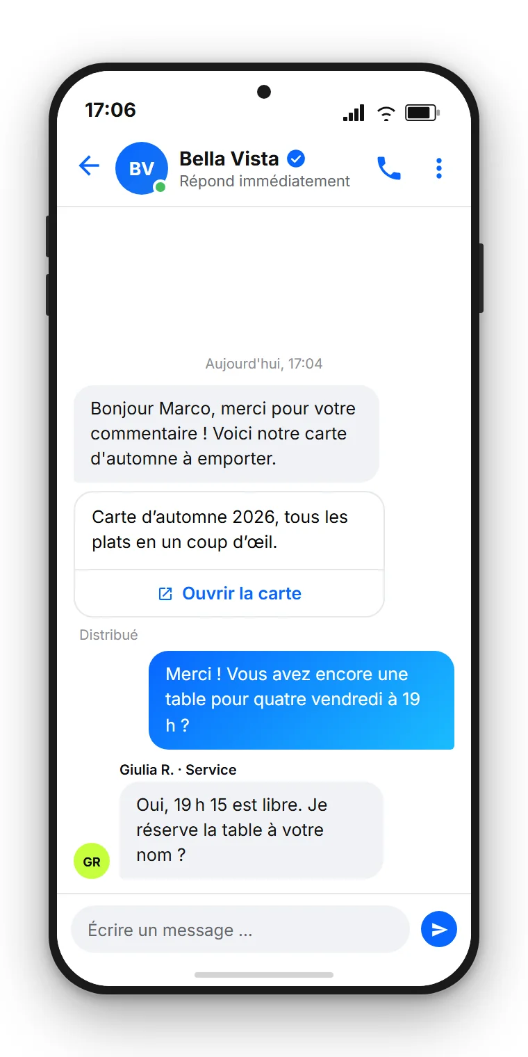 Exemple SendSeven : message privé Messenger automatique avec un bouton vers la carte en PDF, puis la question du client et la réponse depuis la boîte de réception