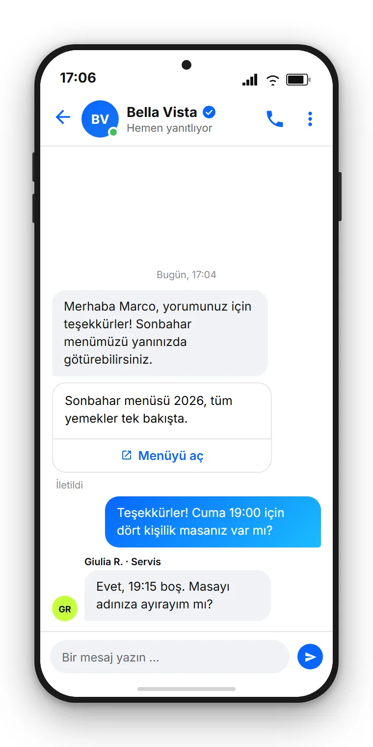 SendSeven örneği: menünün PDF'ine giden düğmeyi taşıyan otomatik Messenger özel mesajı, ardından müşterinin sorusu ve gelen kutusundan verilen yanıt