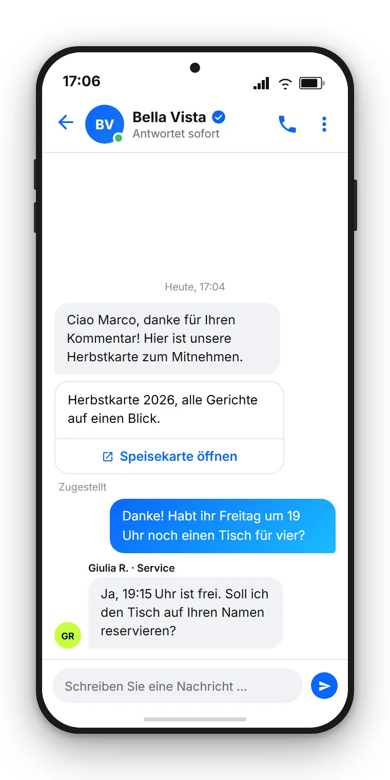 SendSeven Beispiel: automatische Messenger-Direktnachricht mit Schaltfläche zur PDF-Speisekarte, danach die Rückfrage des Gastes und die Antwort aus dem Posteingang