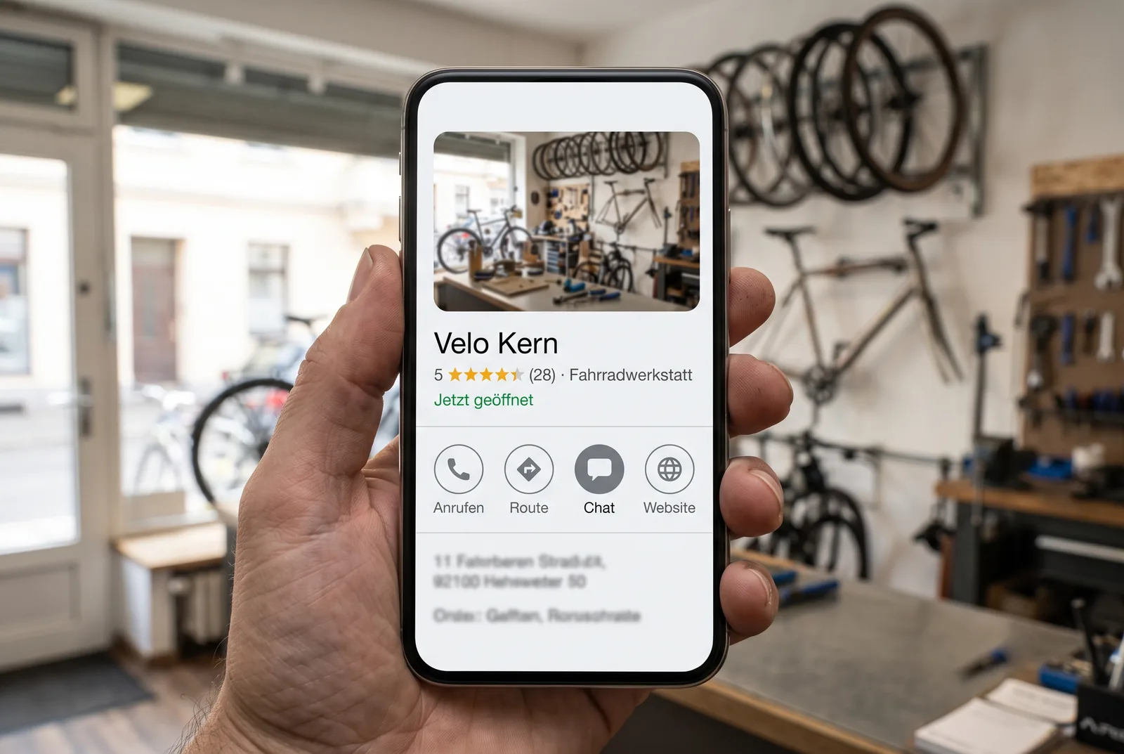 Google-Unternehmensprofil eines lokalen Betriebs auf dem Smartphone mit Kontakt-Button zu WhatsApp