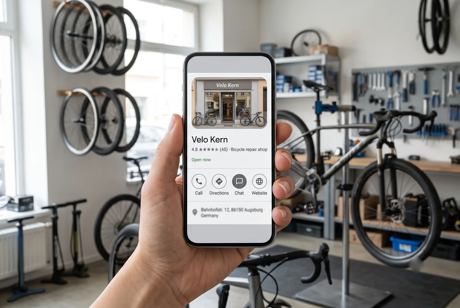 Google Business Profile of a local business on a smartphone with a contact button to WhatsApp