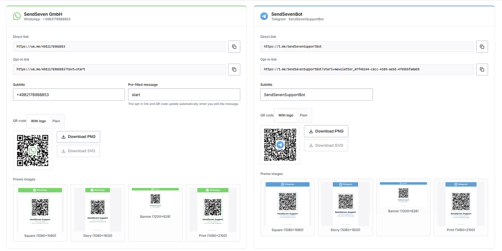 SendSeven Promotion-Bereich mit Opt-in-Link, QR-Code und vier Promo-Bildformaten für WhatsApp und Telegram
