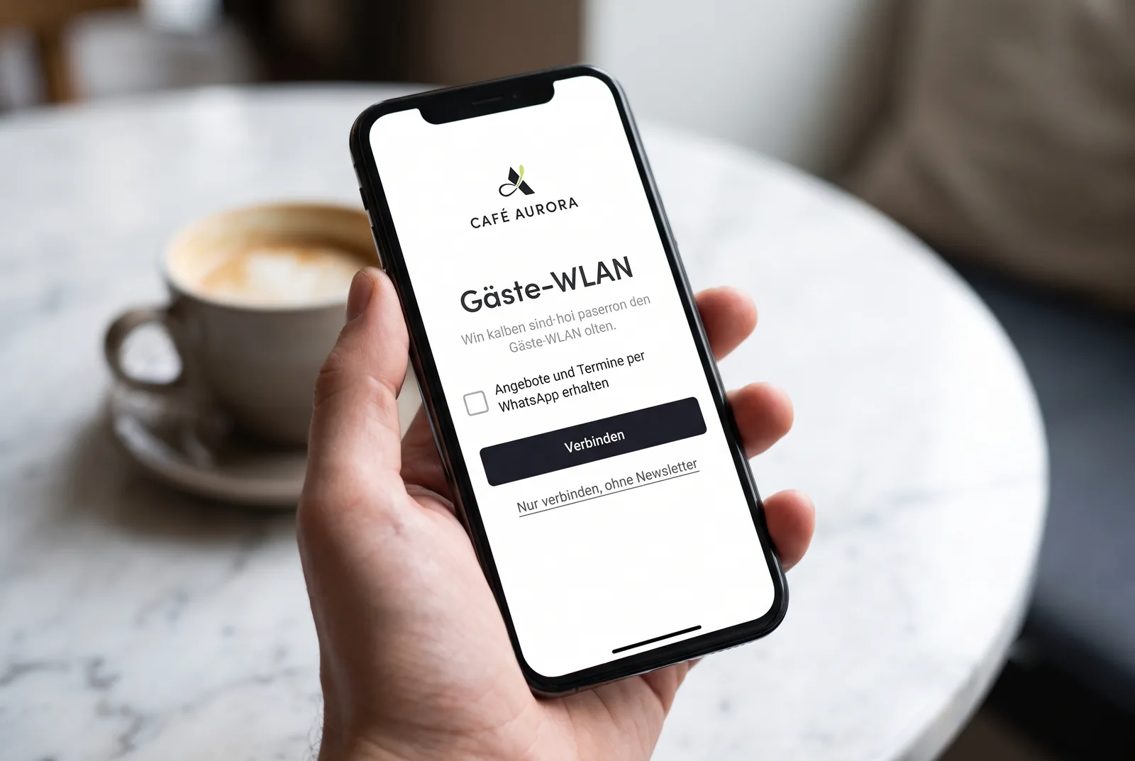Anmeldeseite eines Gäste-WLANs im Café mit getrennter Option für das WhatsApp-Newsletter-Opt-in