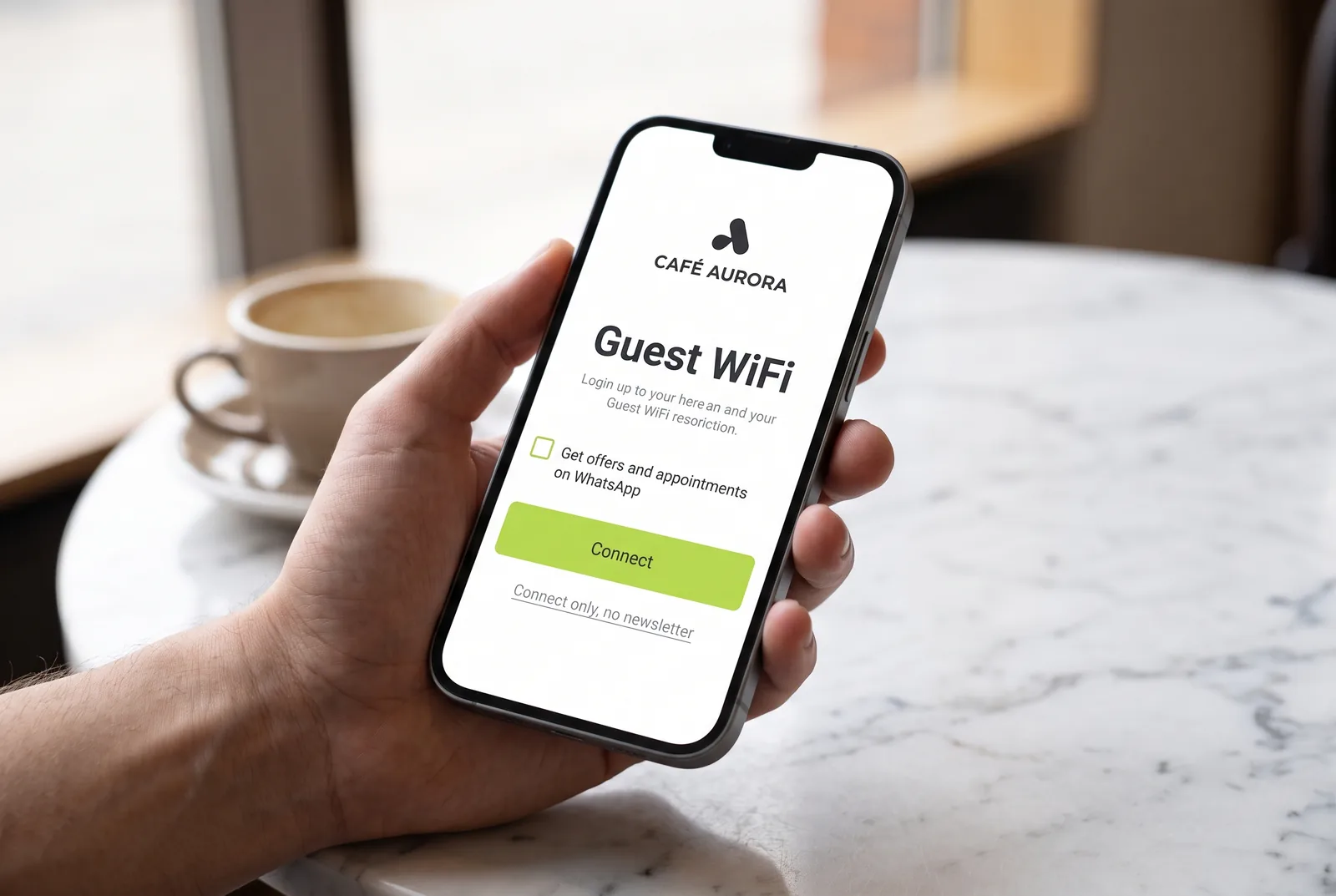 Guest WiFi login page in a café with a separate option for the WhatsApp newsletter opt-in