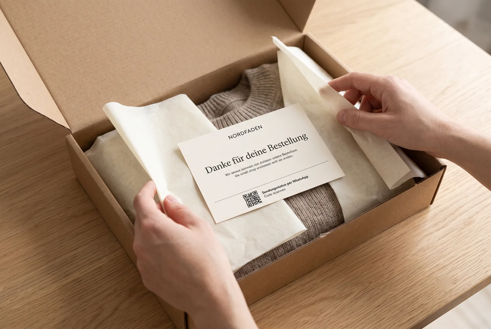 Beileger in einem Versandpaket mit QR-Code für den WhatsApp-Newsletter eines Onlineshops