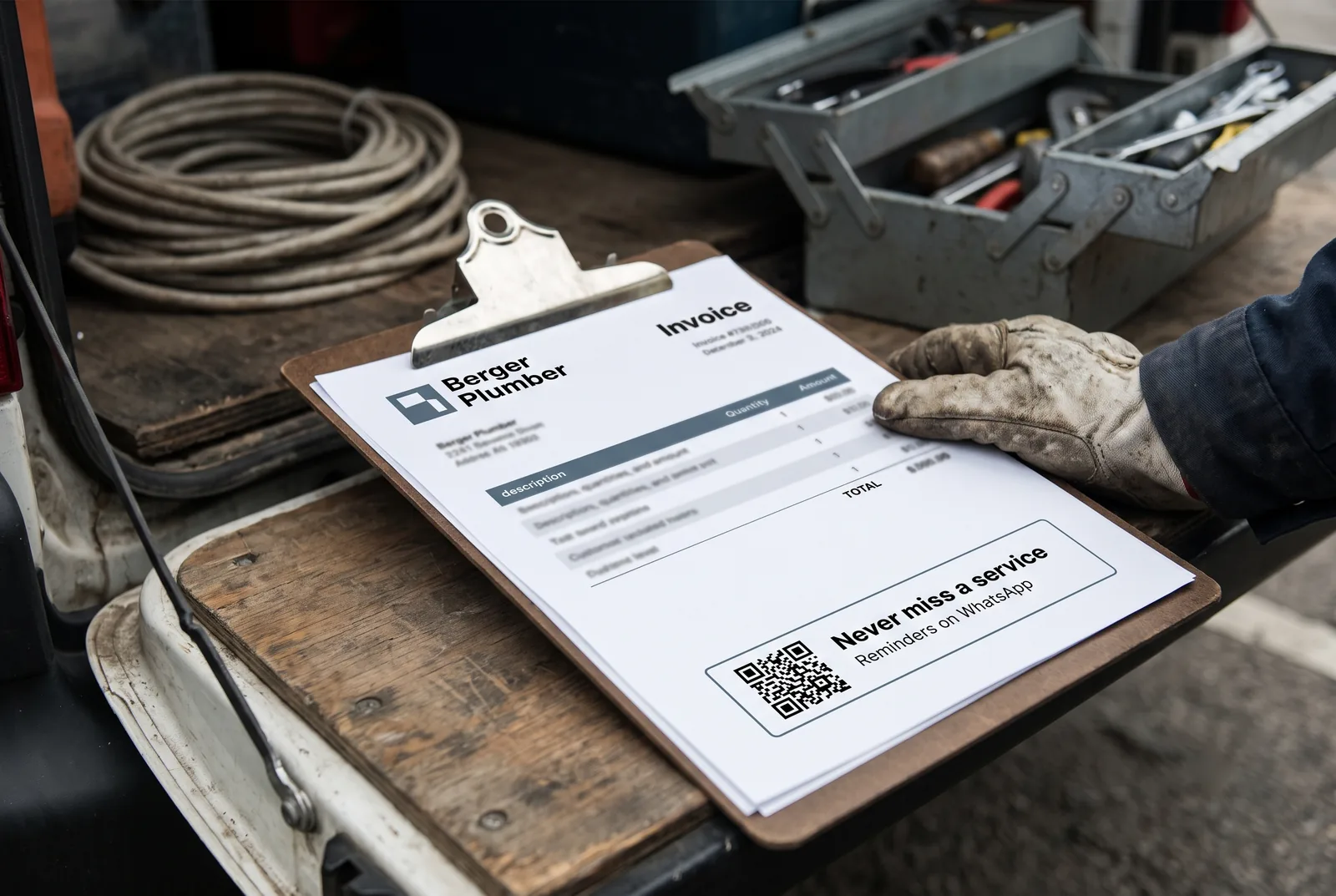 Invoice from a trade business with a QR code for maintenance reminders on WhatsApp