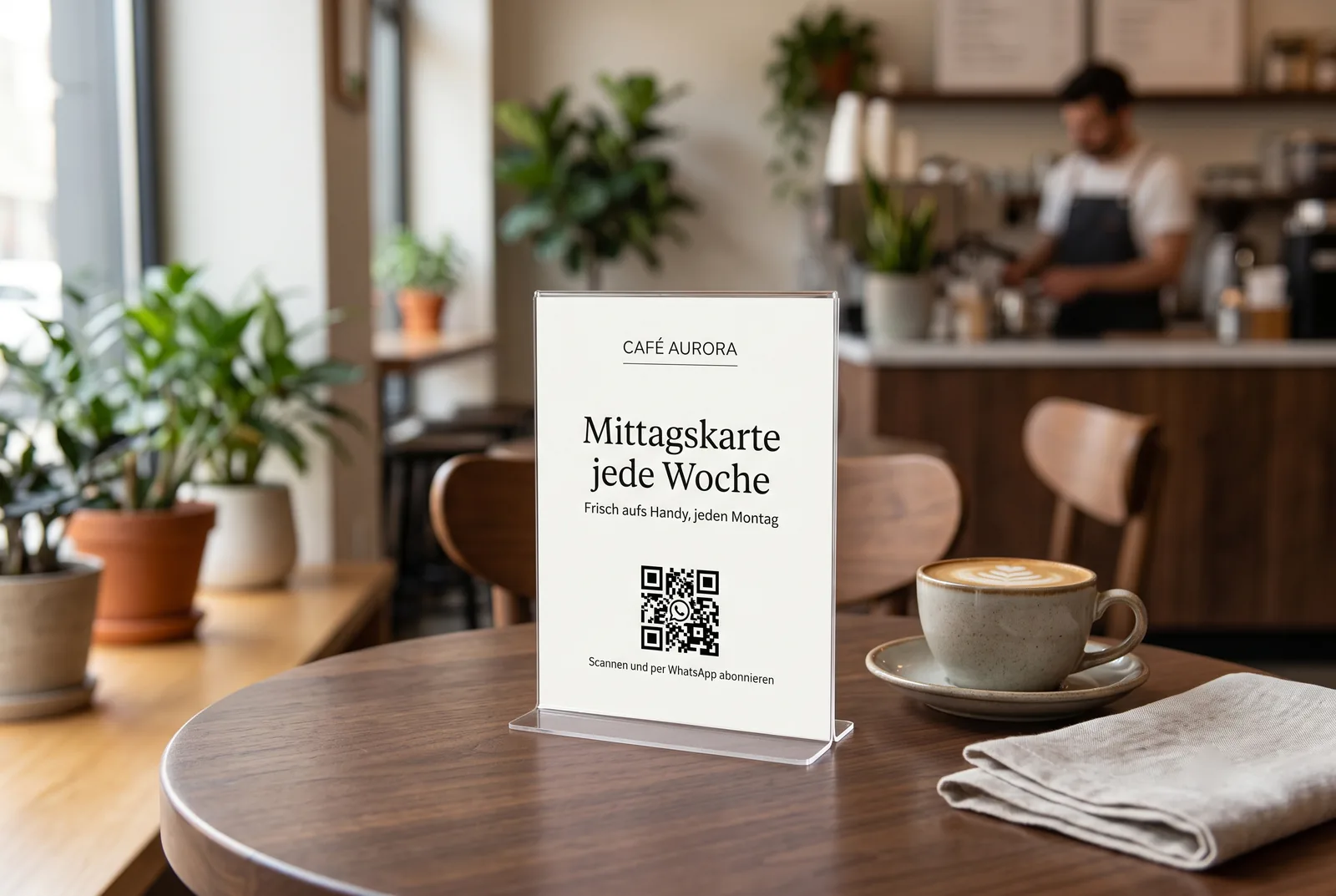 Tischaufsteller in einem Restaurant mit QR-Code, über den Gäste die Mittagskarte per WhatsApp abonnieren