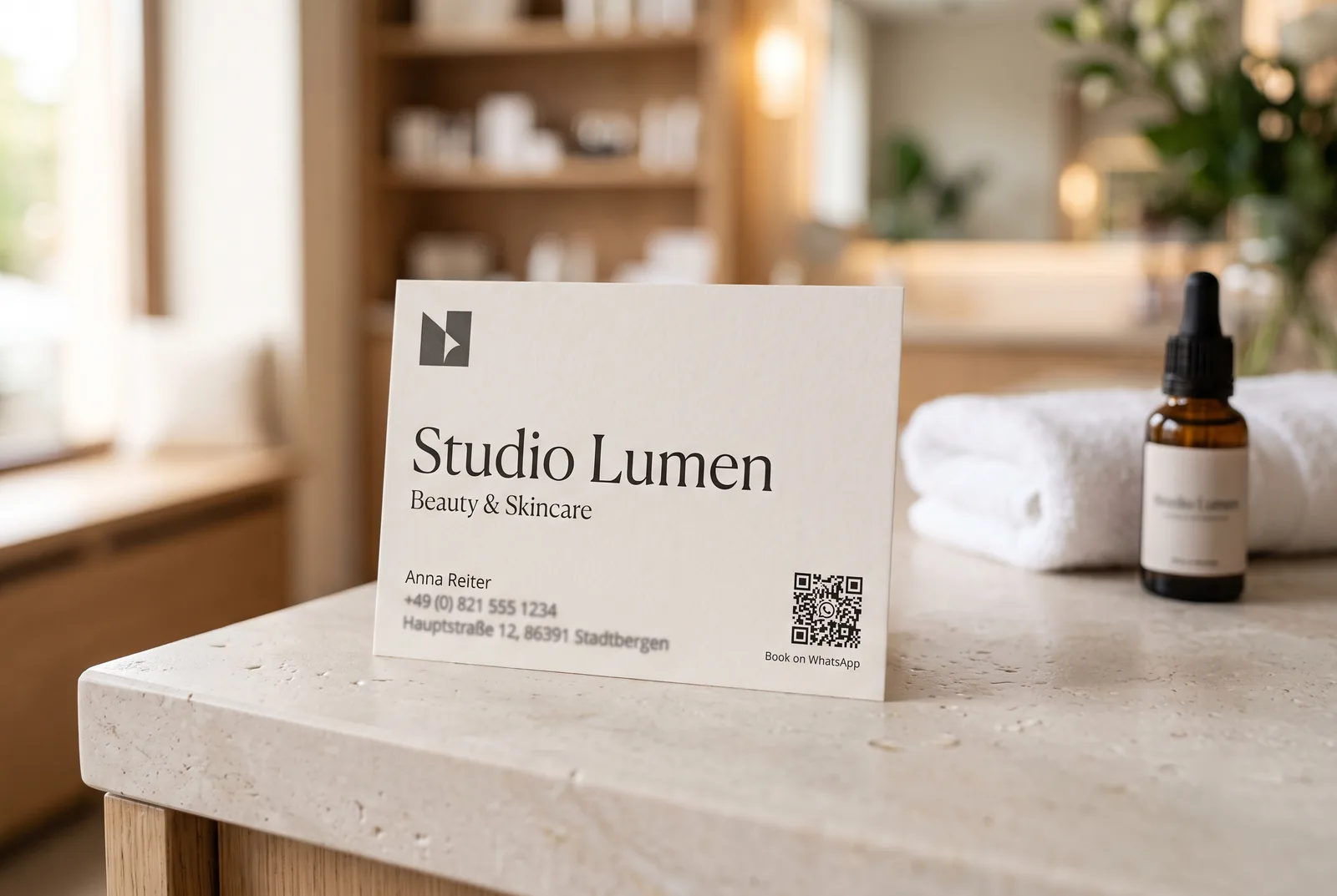 Business card of a beauty studio with a QR code to subscribe to the WhatsApp newsletter