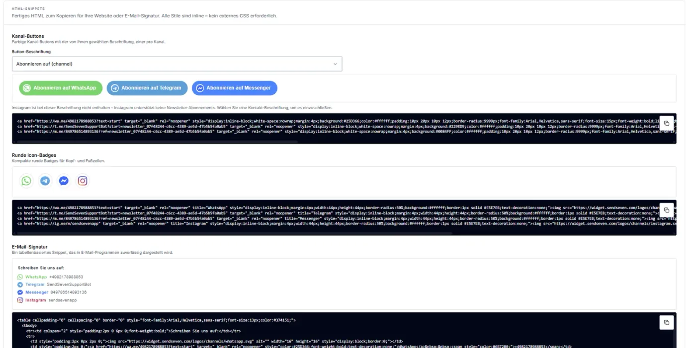 SendSeven HTML-Snippets: farbige Kanal-Buttons, runde Icon-Badges und ein E-Mail-Signatur-Block zum Kopieren