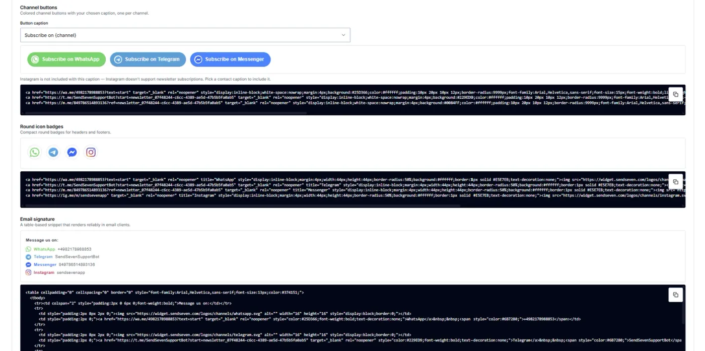 SendSeven HTML snippets: coloured channel buttons, round icon badges and an email signature block to copy